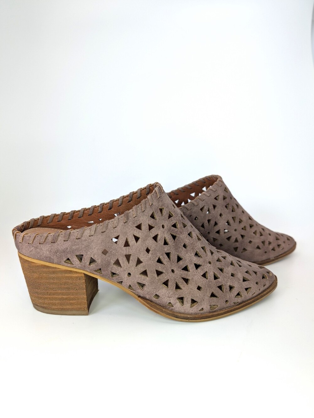 Mi.im Taupe Genuine Suede Leather Slip On Boho Mule Stacked Wood Heel Size 6